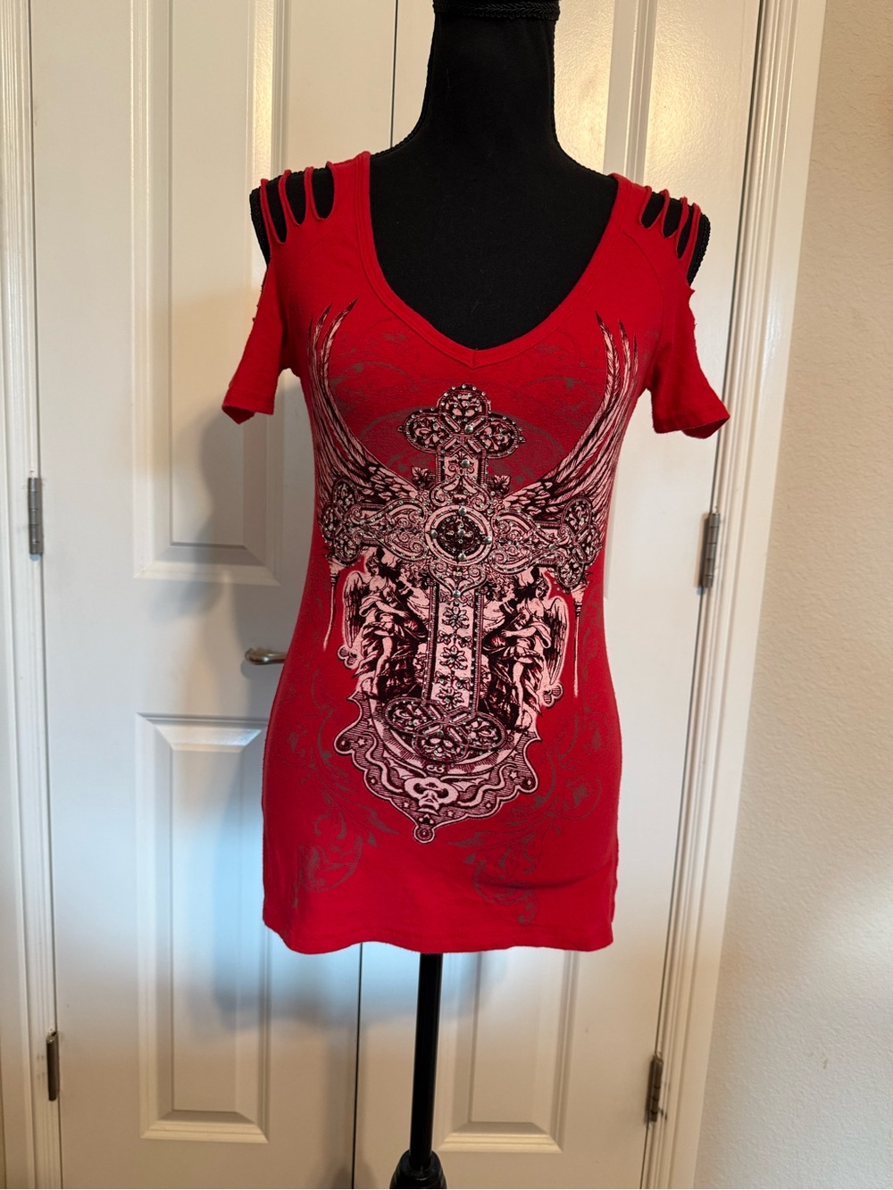 Folter Women SZ L Red Gothic Biker Ripped Shoulders Cross Rhinestones Tee